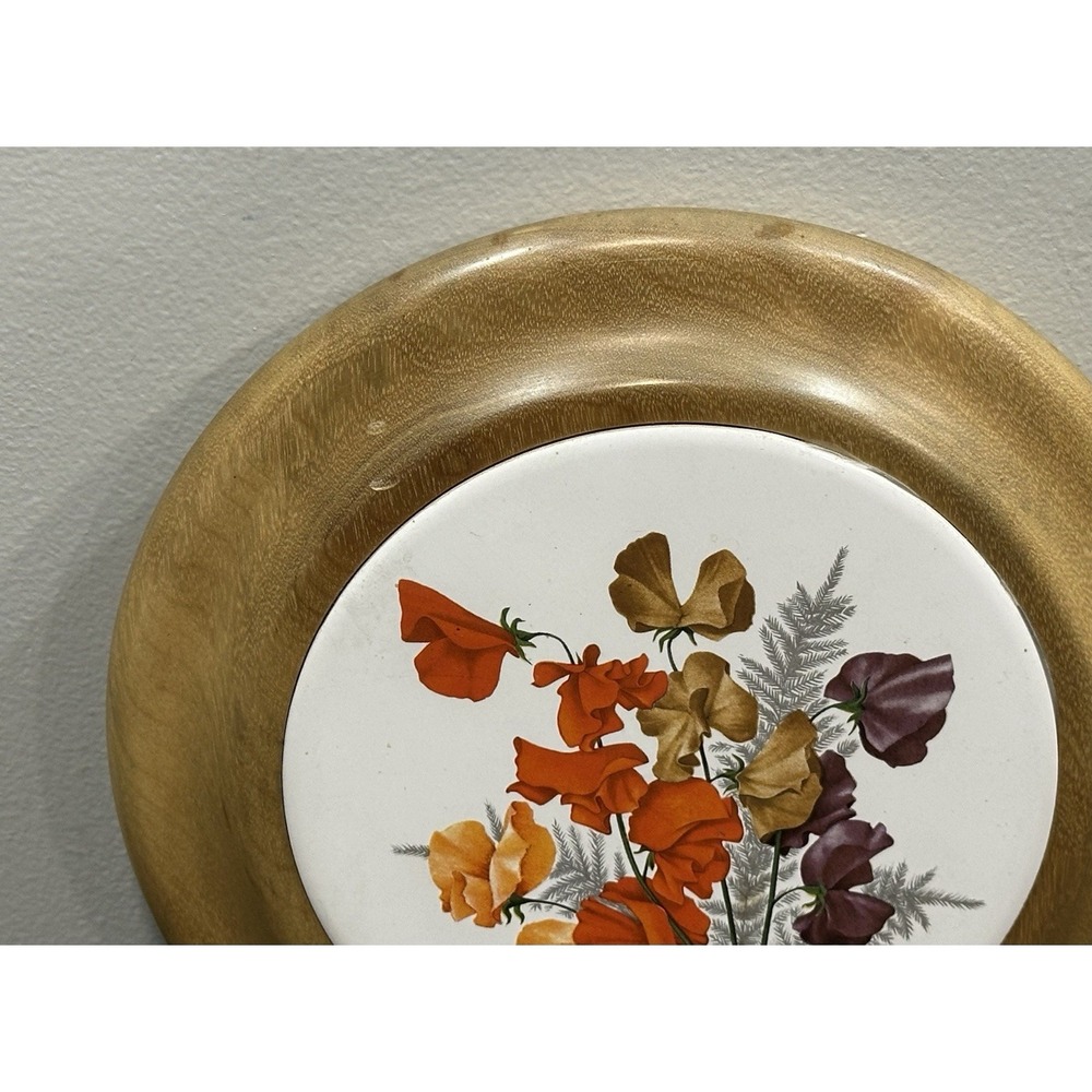 Vintage Myrtle Craft Oregon Myrtlewood Trivet Ceramic Tile Sweet Pea Floral 70s - Picture 3 of 6